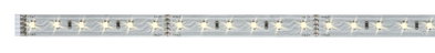 LED strip with warm white LEDs on silver circuit board for flexible lighting solutions
