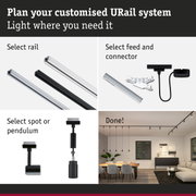 Modular URail track system with black and white aluminium rails for flexible LED lighting setup