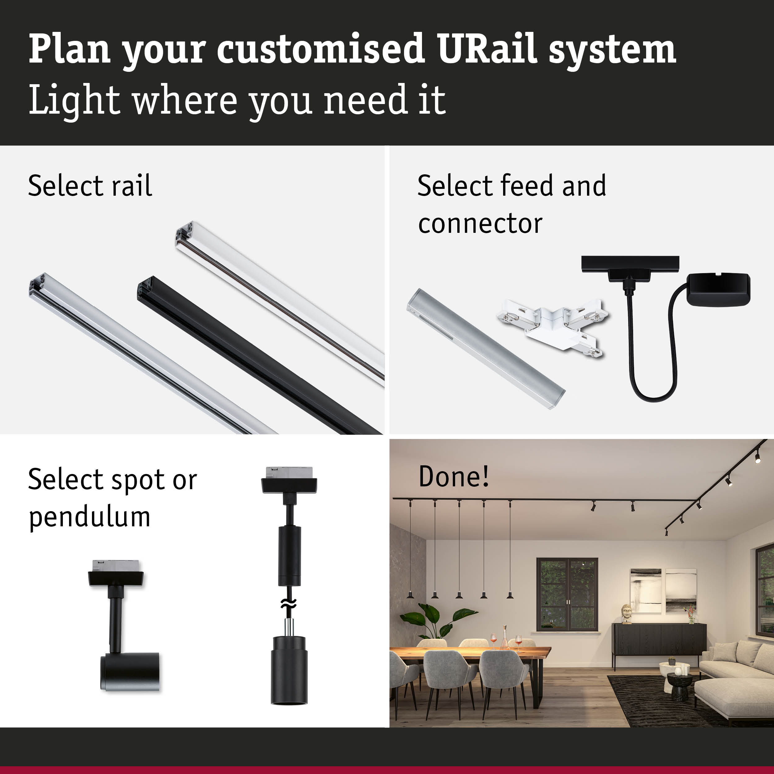 Modular URail track system with black and white aluminium rails for flexible LED lighting setup
