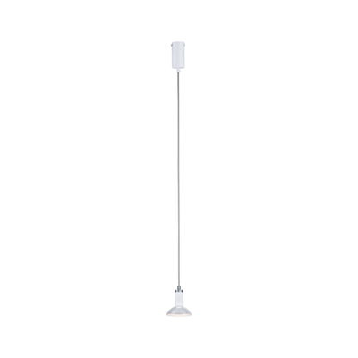 Modern white LED pendant light with metal cable and dome-shaped shade for living spaces