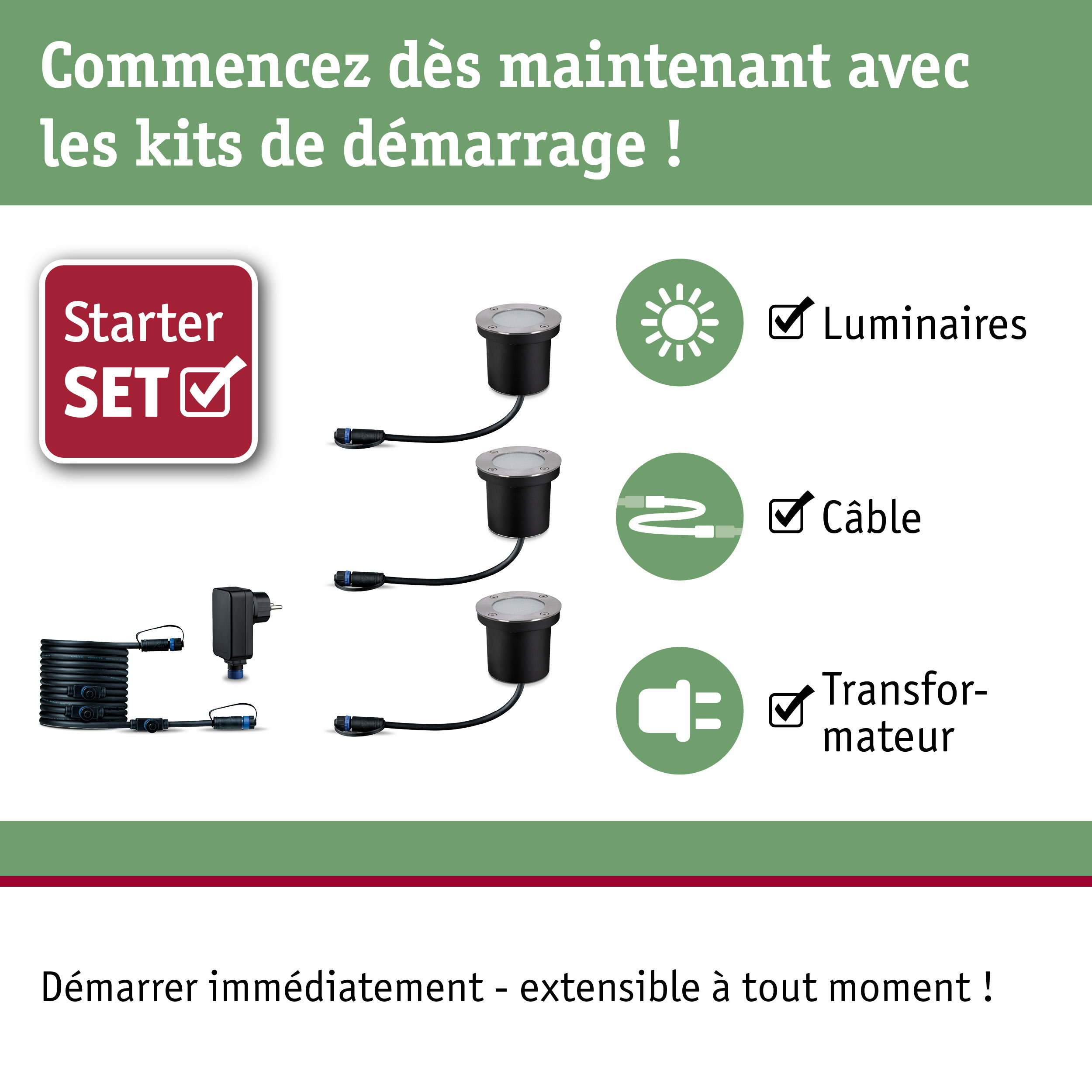Kit de démarrage avec spots LED encastrés noirs, câble et transformateur pour éclairage extérieur