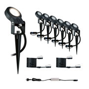 Set of six black LED garden spotlights with ground spikes and connection cables for outdoor lighting.