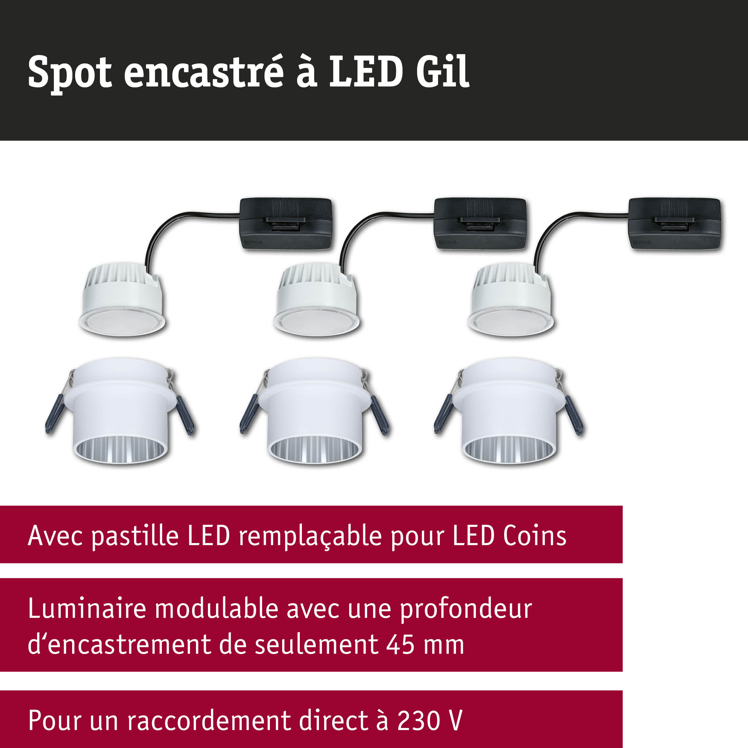 Spots encastrés LED blancs avec câblage noir et driver pour éclairage économique et modulable