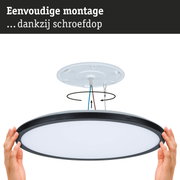 Eenvoudige montage van ronde plafondlamp met zwarte rand en witte diffuser, LED-verlichting
