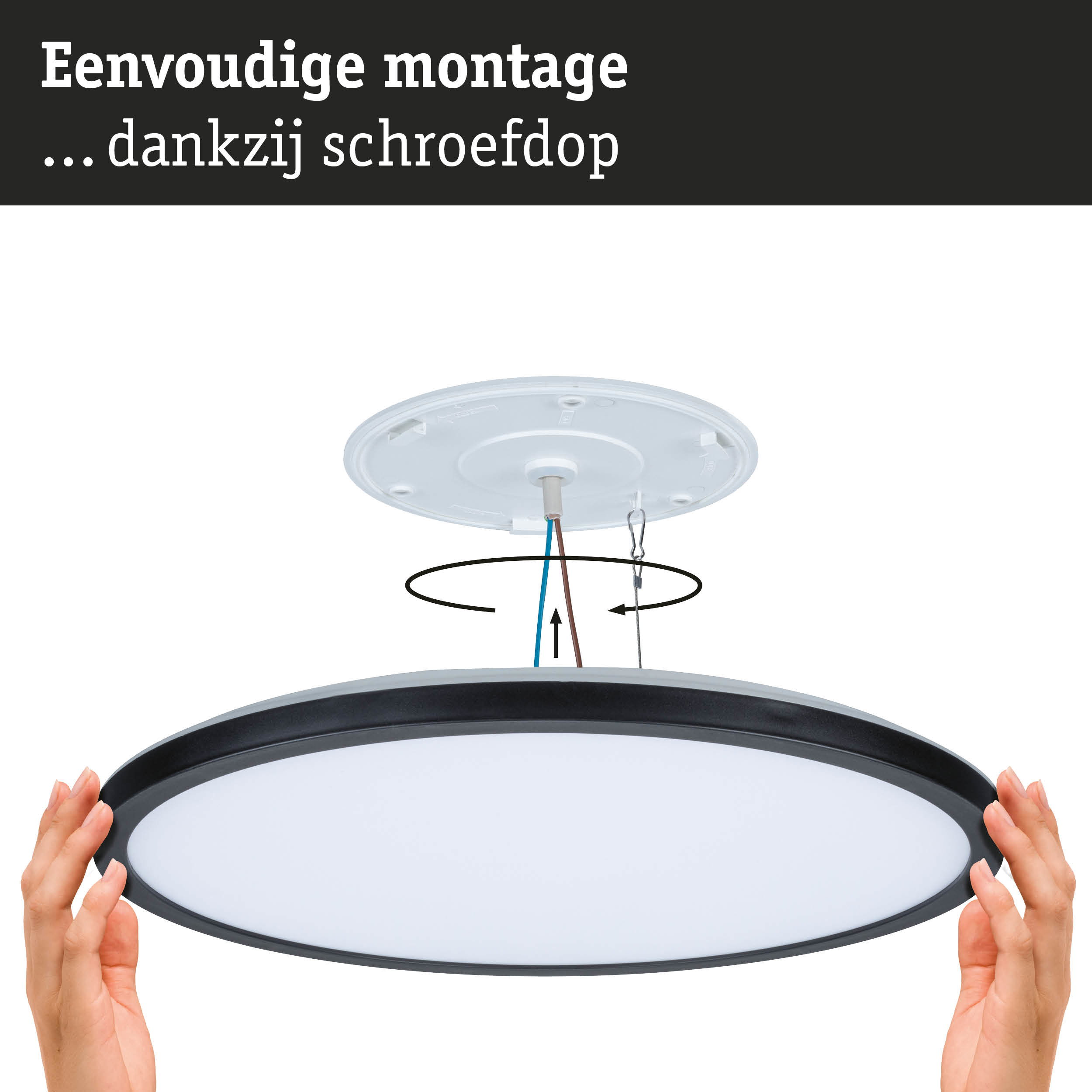 Eenvoudige montage van ronde plafondlamp met zwarte rand en witte diffuser, LED-verlichting