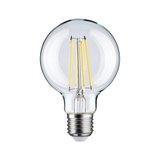 Klassische LED-Glühbirne mit transparentem Glas und sichtbaren gelben Filamenten für energiesparende Beleuchtung