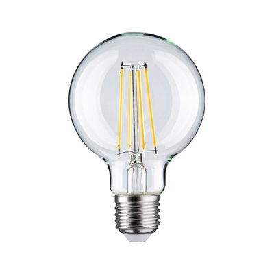 Klassische LED-Glühbirne mit transparentem Glas und sichtbaren gelben Filamenten für energiesparende Beleuchtung