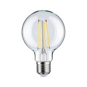 Klassische LED-Glühbirne mit transparentem Glas und sichtbaren gelben Filamenten für energiesparende Beleuchtung