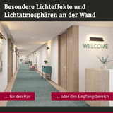 Moderner Flur mit Holzdekor, grüner Teppichläufer und warmweißen Wandlampen für Empfangsbereich