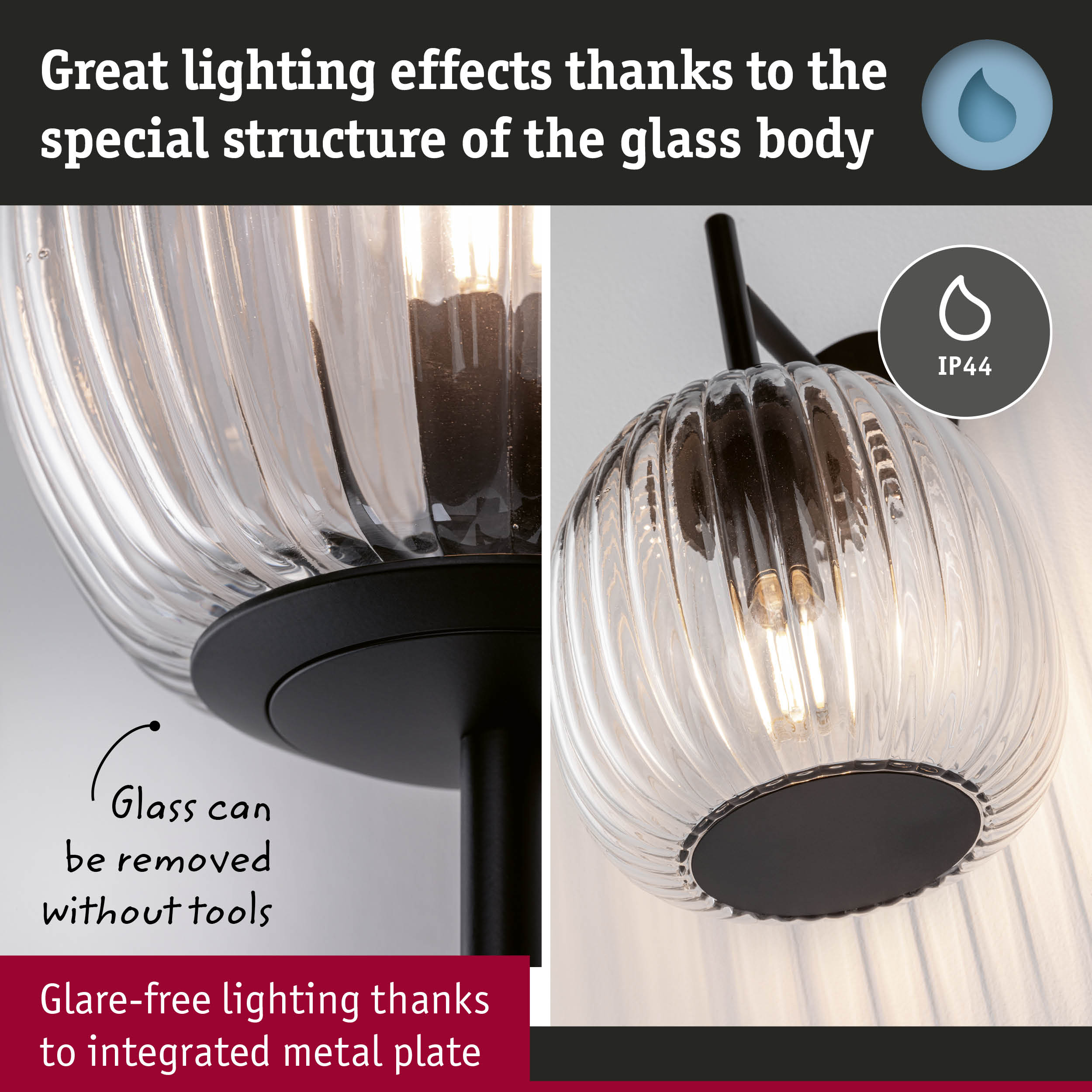 Glass light fixture with ribbed clear glass and black metal plate for glare-free lighting