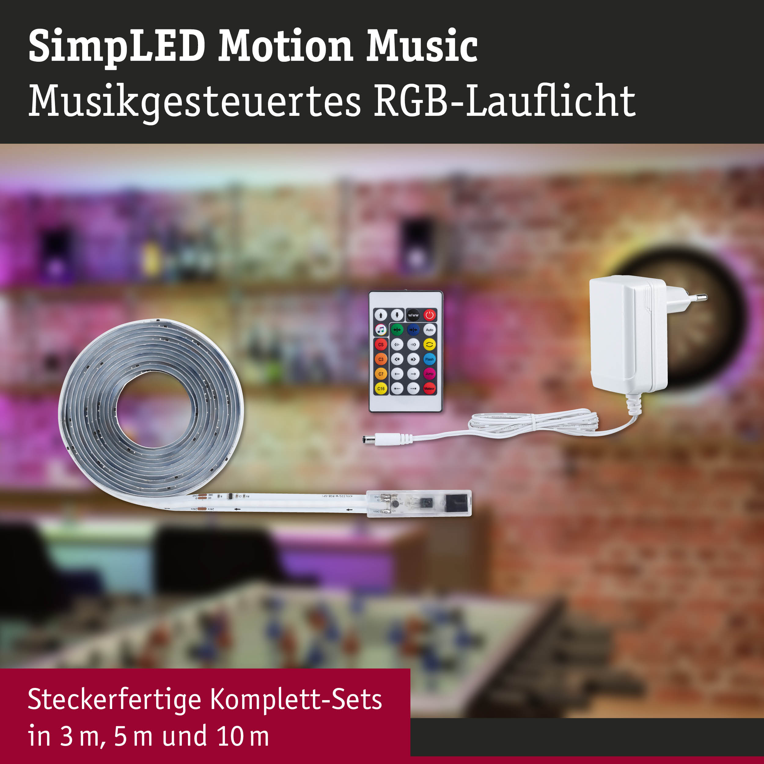 Musikgesteuertes RGB-Lauflicht Set mit LED-Streifen, Fernbedienung und Netzteil für bunte Lichtakzente