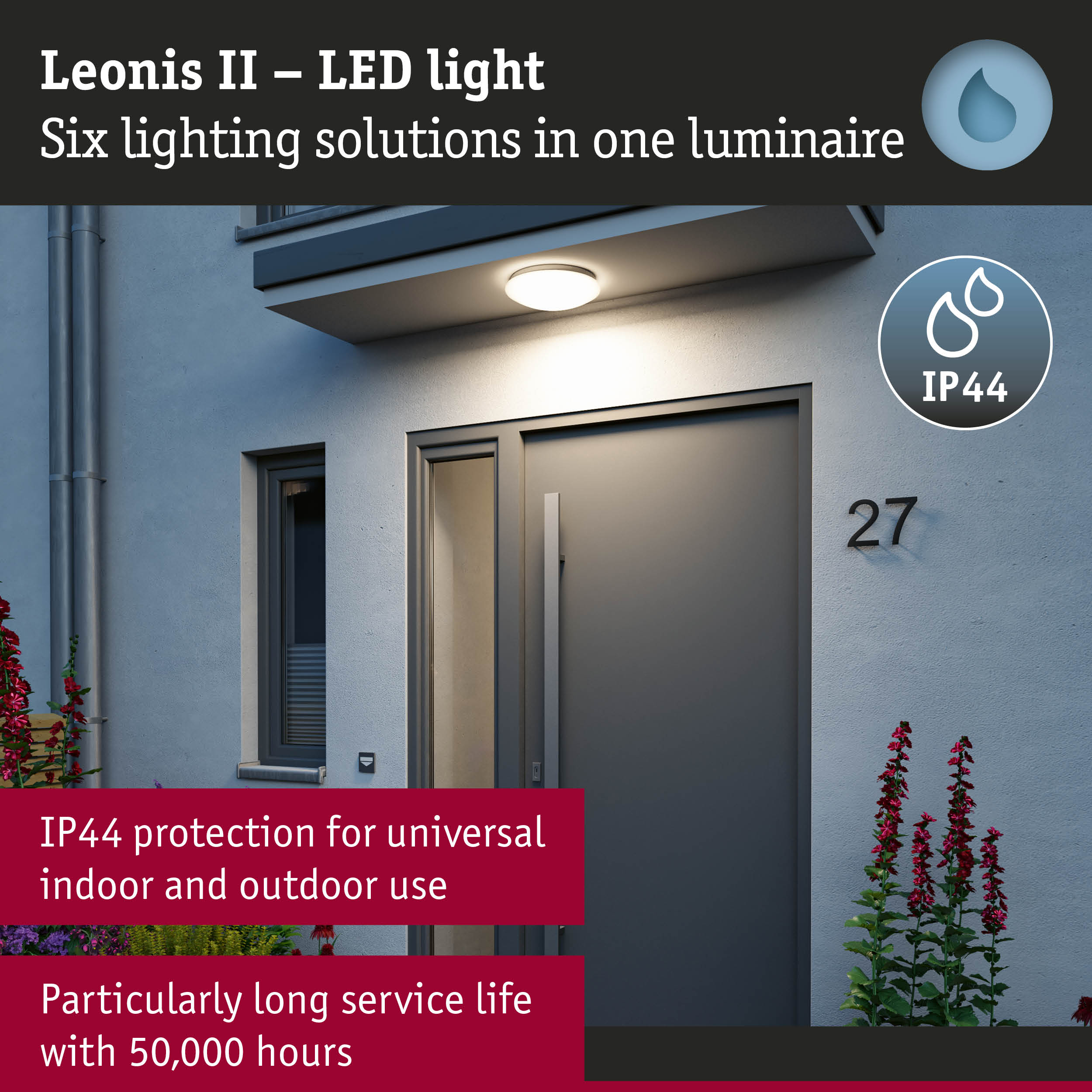 Leonis II white LED outdoor light with IP44 protection for universal indoor and outdoor use