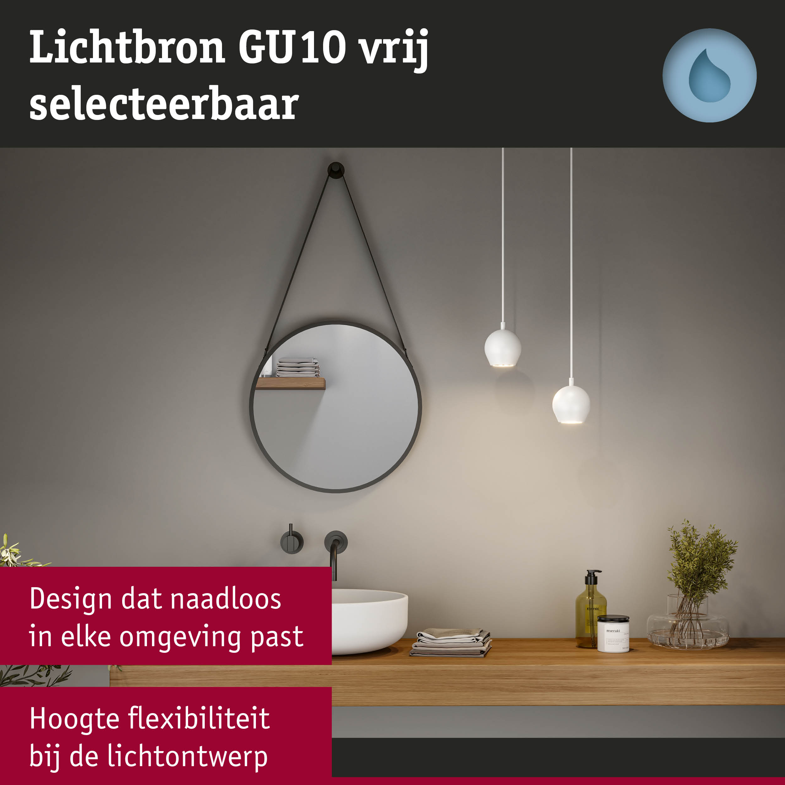Moderne badkamer met ronde spiegel, witte hanglampen en houten plank met accessoires