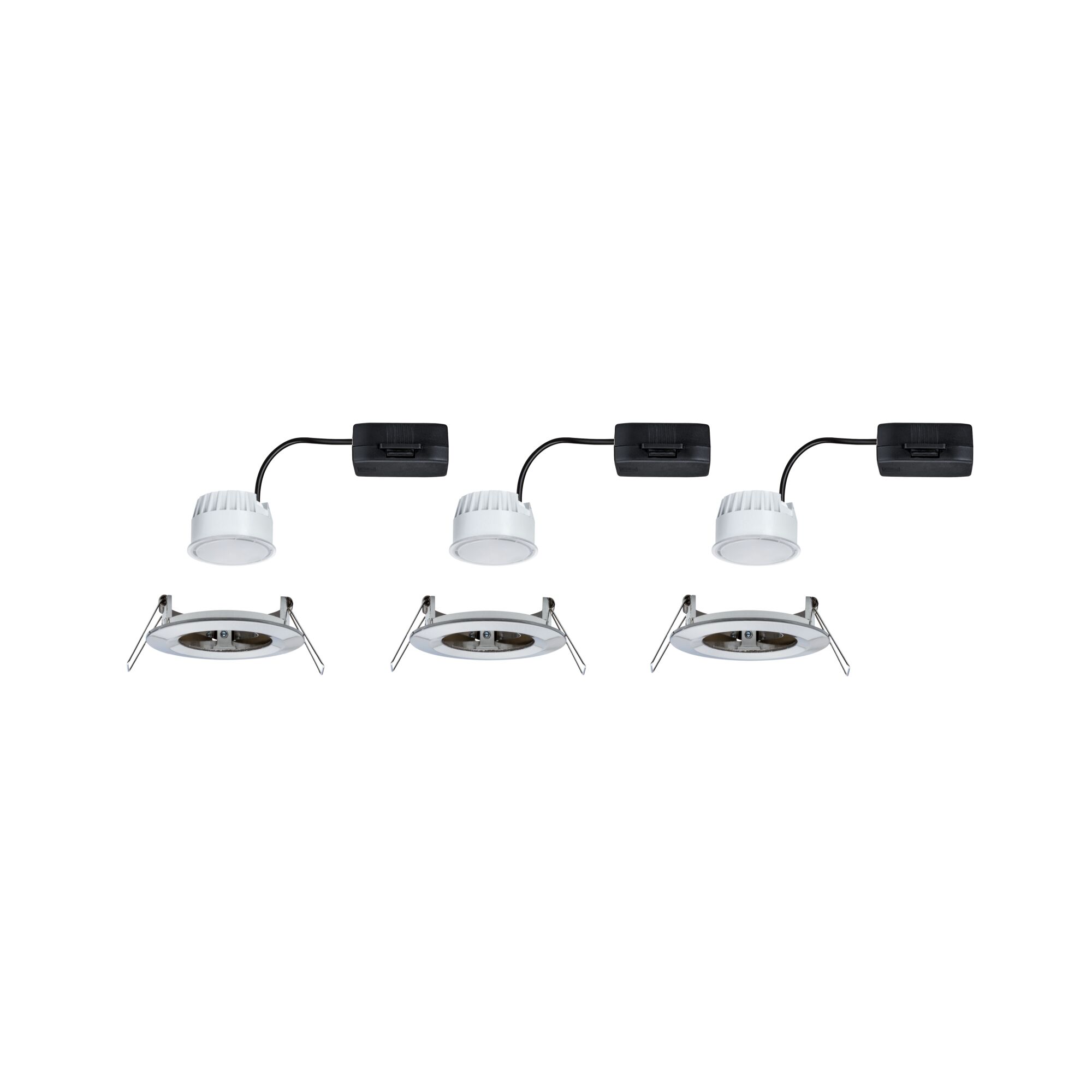 Three white LED recessed spotlights with black connector cable and metal springs for ceiling installation