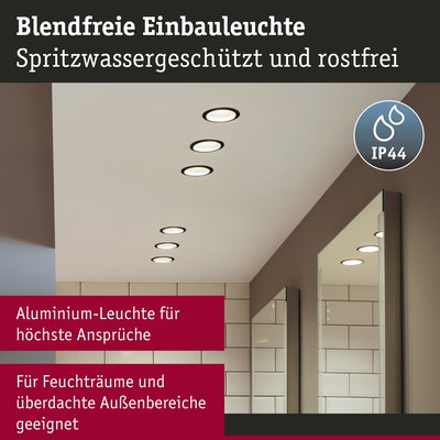 Blendfreie Aluminium-Einbauleuchte in Weiß für Feuchträume und überdachte Außenbereiche mit IP44 Schutz