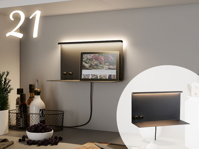 Schwarzes Wandregal mit LED-Beleuchtung und Tablet-Halterung, modernes Küchenzubehör mit Metallmaterial