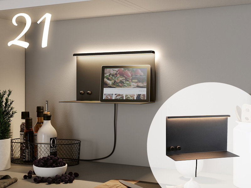 Schwarzes Wandregal mit LED-Beleuchtung und Tablet-Halterung, modernes Küchenzubehör mit Metallmaterial