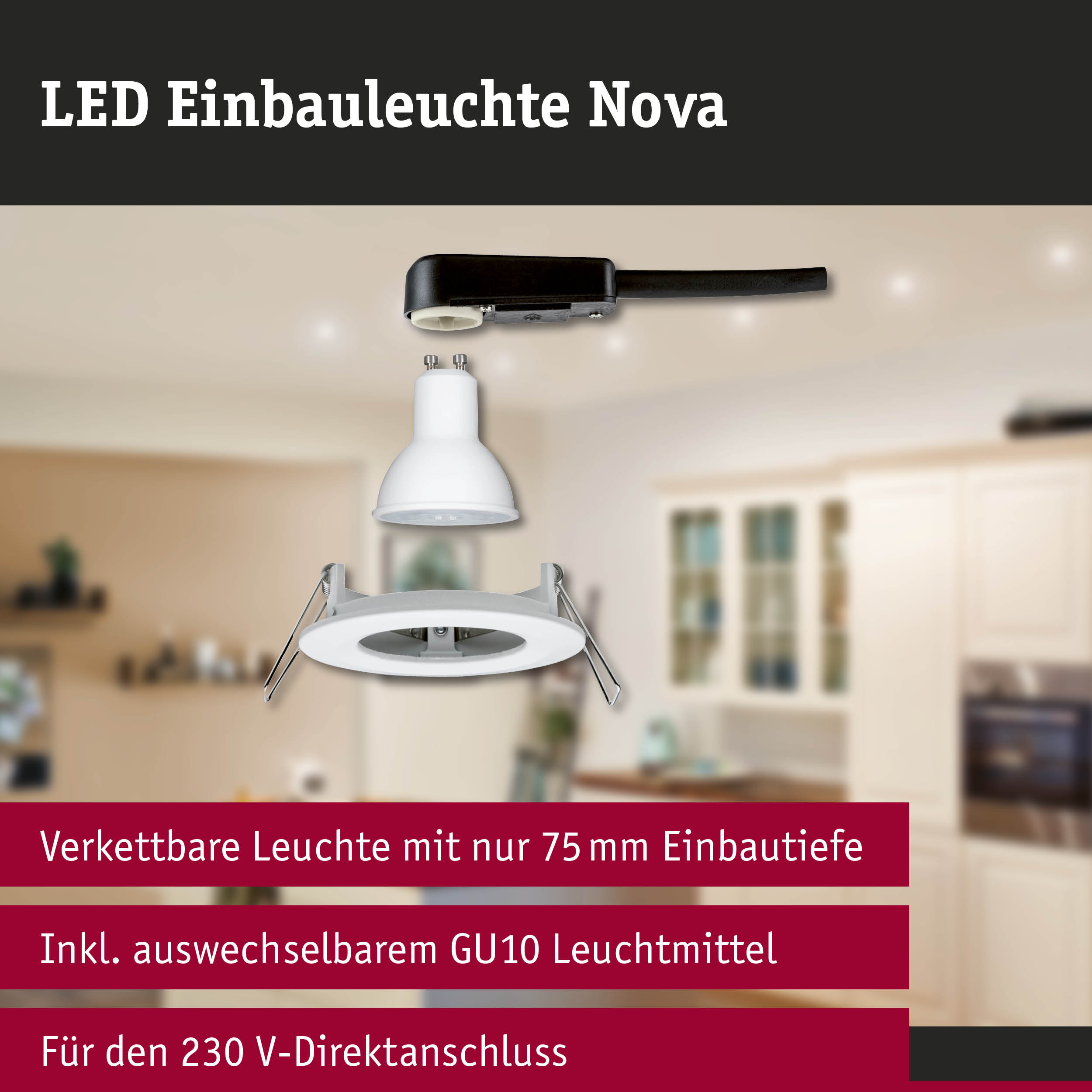 Weiße LED Einbauleuchte Nova mit GU10 Fassung und schwarzem Anschlusskabel für 230 V Direktanschluss
