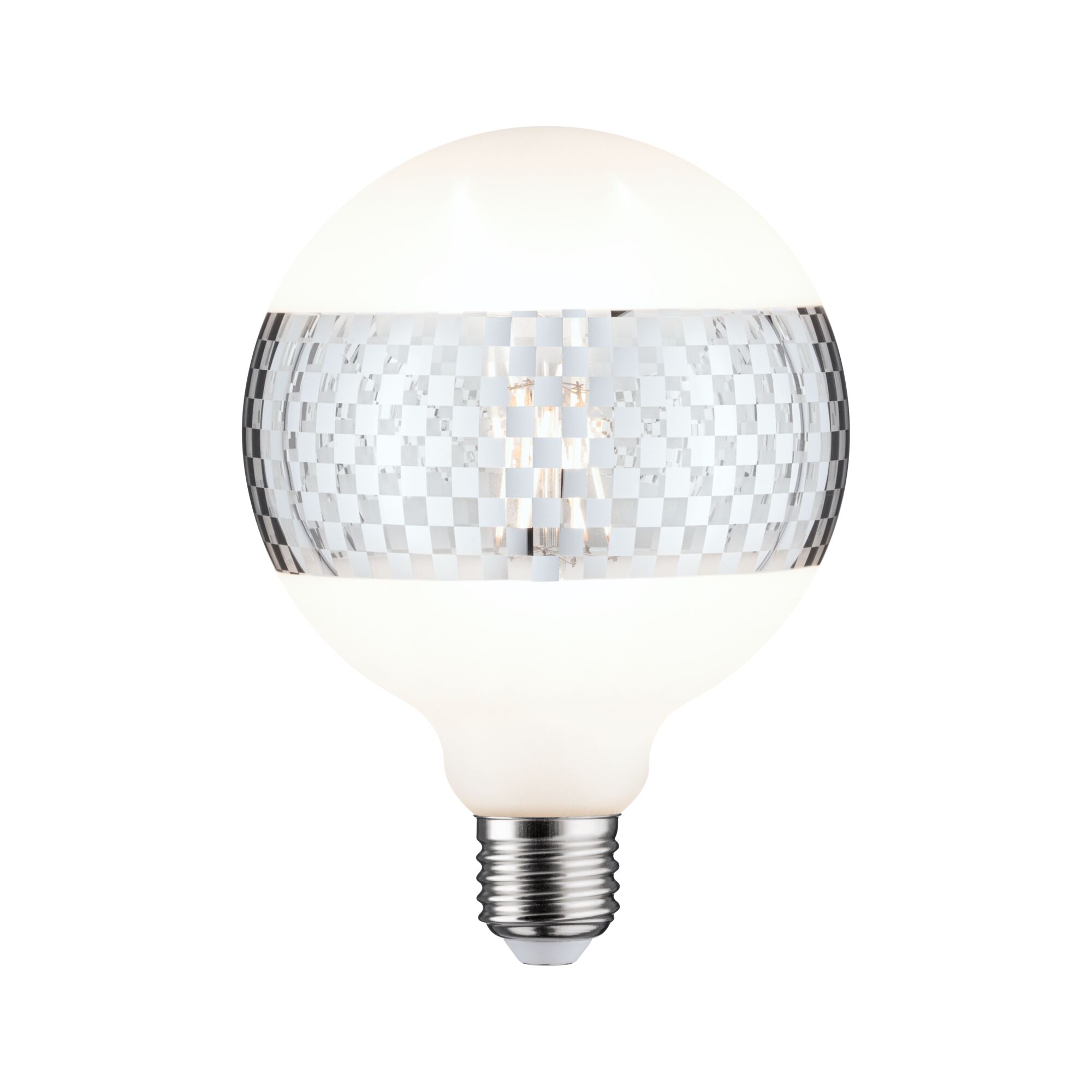 Ampoule LED ronde en verre blanc mat avec motif damier argenté pour éclairage moderne