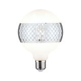 Ampoule LED ronde en verre blanc mat avec motif damier argenté pour éclairage moderne
