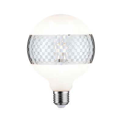 Round LED bulb with matte white glass and silver checkerboard pattern for modern lighting