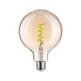 Light bulb with spiral LED filament in warm amber tone, energy-saving decorative lamp