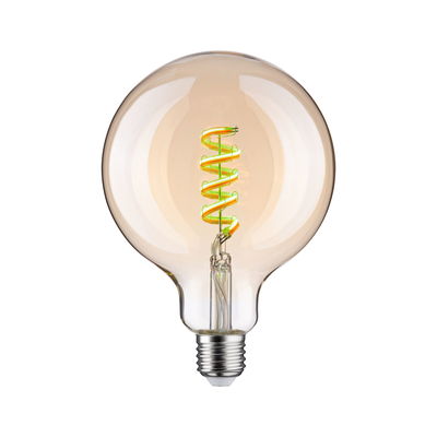 Light bulb with spiral LED filament in warm amber tone, energy-saving decorative lamp