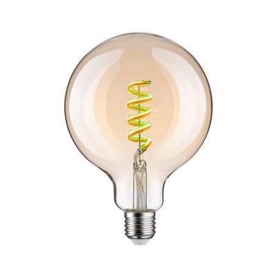 Light bulb with spiral LED filament in warm amber tone, energy-saving decorative lamp