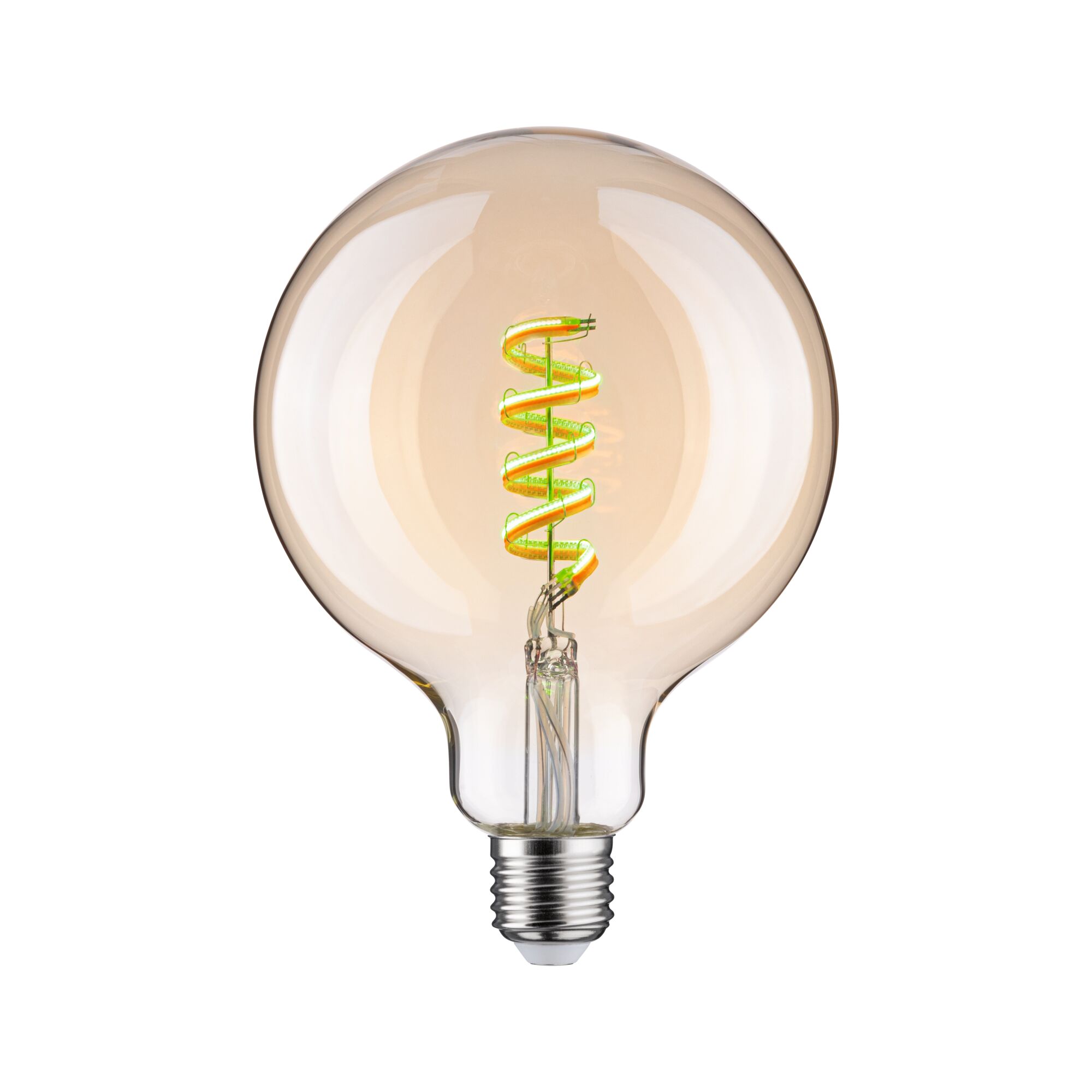 Pære med spiralformet LED-filament i varm ravfarve, energibesparende dekorationslampe