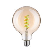Glühbirne mit spiralförmigem LED-Filament in warmem Bernsteinfarbton, energiesparende Leuchte