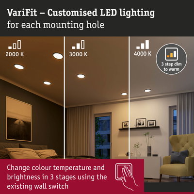 VariFit recessed LED lights with adjustable 2000K-4000K colour temperature and dimmable brightness for living rooms