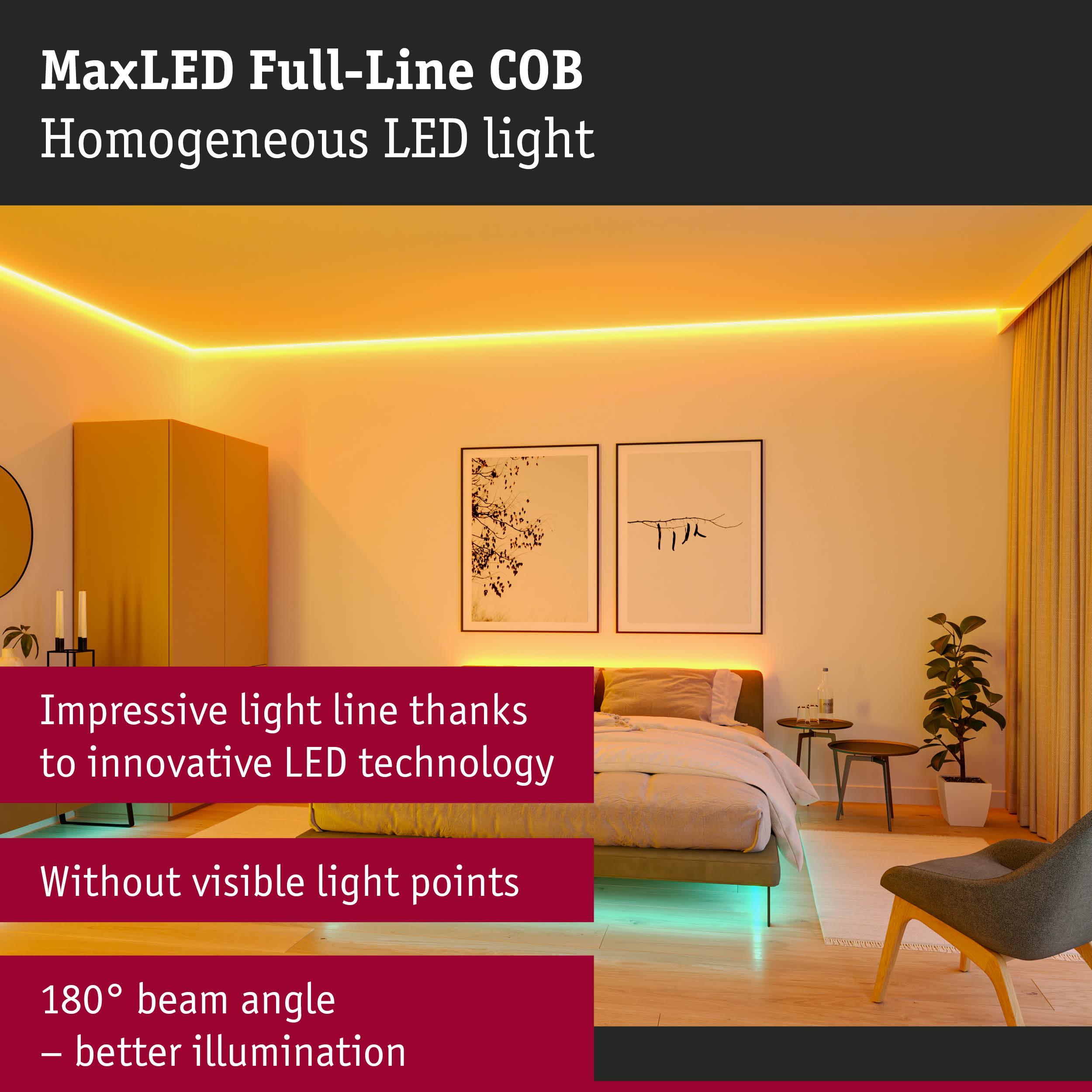 Modern bedroom with MaxLED Full-Line COB LED strip in warm white providing homogeneous lighting