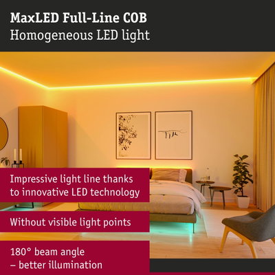 Modern bedroom with MaxLED Full-Line COB LED strip in warm white providing homogeneous lighting