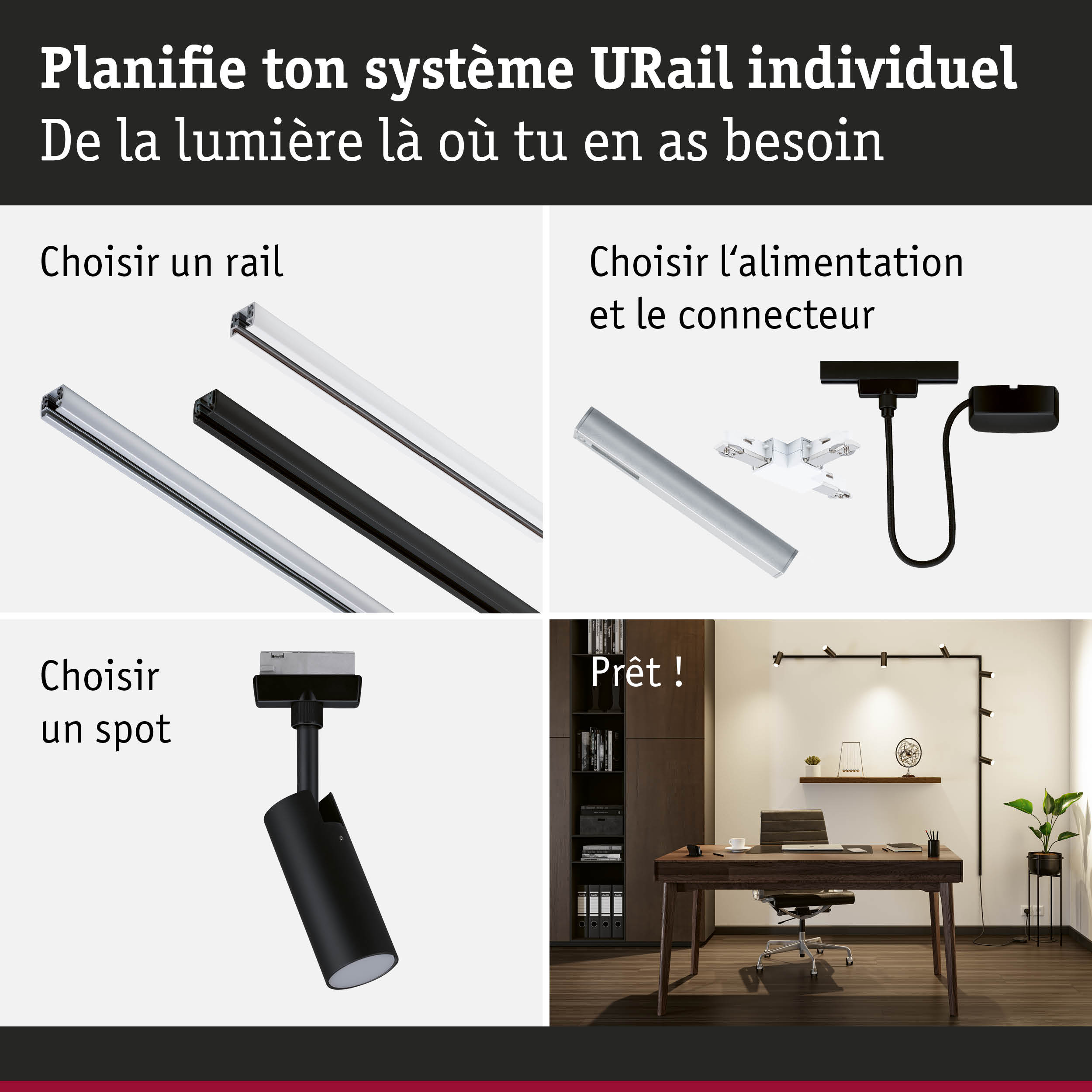 Système de rail URail noir et blanc avec spot et connecteur pour éclairage LED flexible