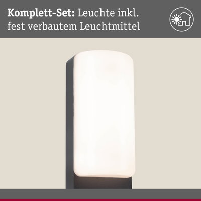 Moderne Wandlampe mit schwarzem Metallgehäuse und weißem Glas, inklusive fest verbautem Leuchtmittel