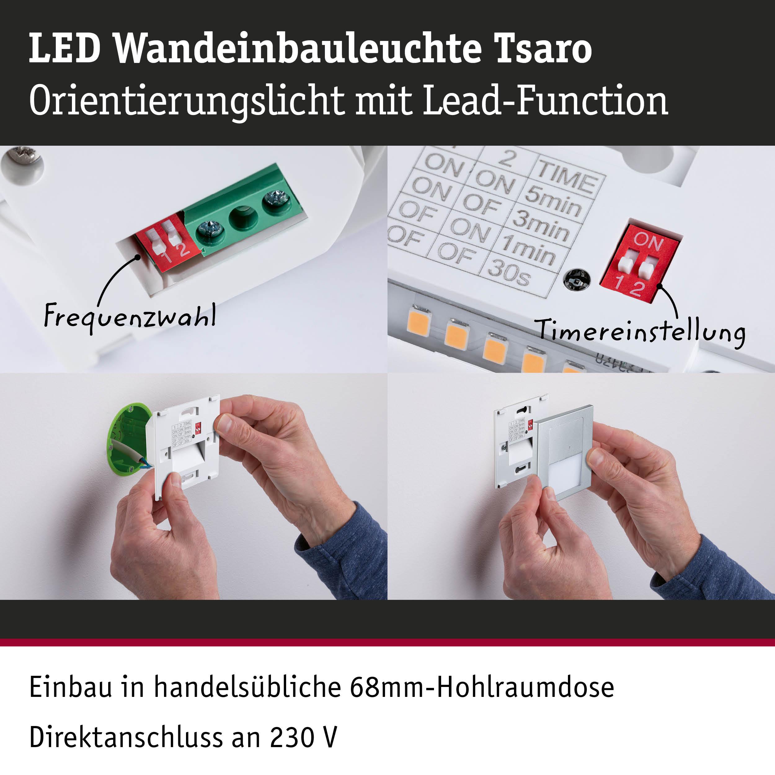 LED Wandeinbauleuchte Tsaro mit Frequenz- und Timereinstellung, weiße Kunststoffoberfläche, Orientierungslicht