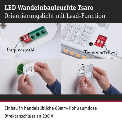 LED Wandeinbauleuchte Tsaro mit Frequenz- und Timereinstellung, weiße Kunststoffoberfläche, Orientierungslicht