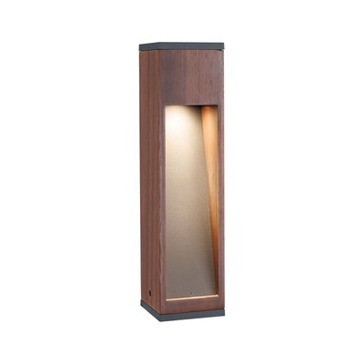 Moderner Außenwandleuchter aus Holz und Metall in Braun mit warmweißem LED-Licht für Gartenbeleuchtung