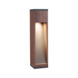 Moderne buitenwandlamp van bruin hout en metaal met warm wit LED-licht voor tuinverlichting