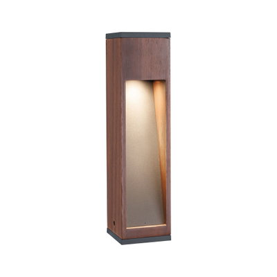 Moderne buitenwandlamp van bruin hout en metaal met warm wit LED-licht voor tuinverlichting