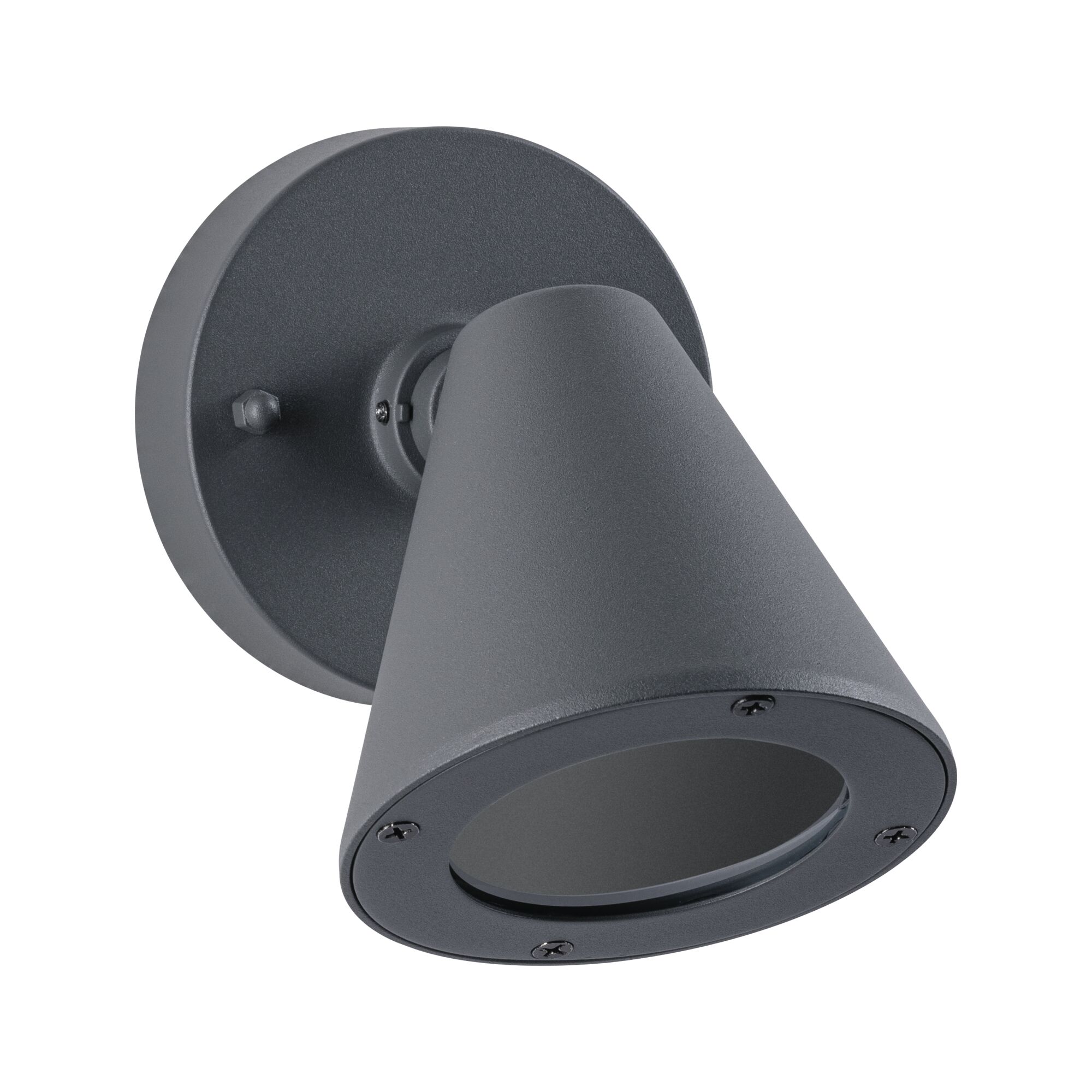 Grey aluminum wall light with conical shape for modern LED outdoor lighting solutions.