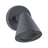 Grey aluminum wall light with conical shape for modern LED outdoor lighting solutions.