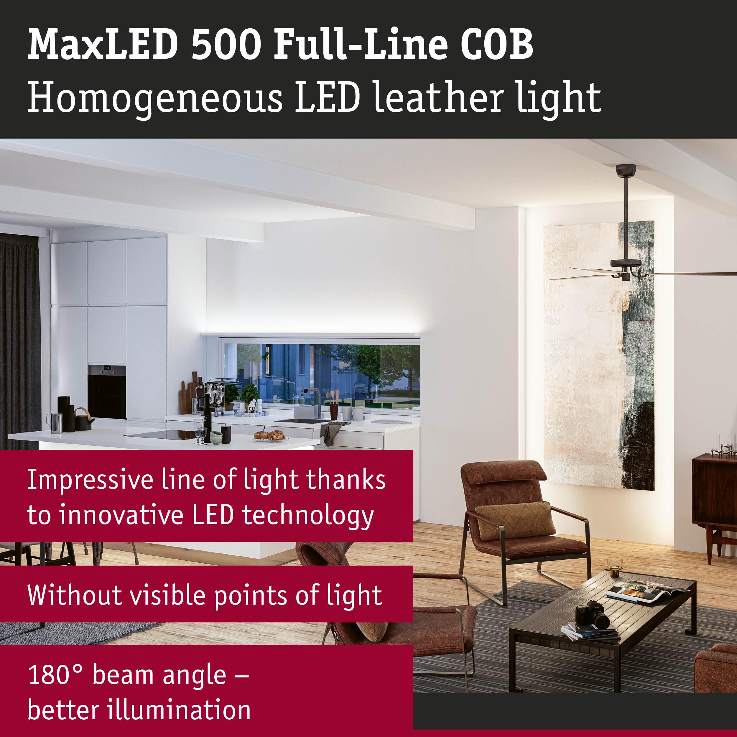 Modern living kitchen illuminated by MaxLED 500 Full-Line COB LED light strip with seamless white light