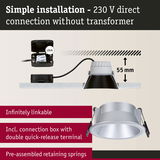 Silver recessed LED spotlight with 55 mm depth, 230 V direct connection without transformer, easy installation