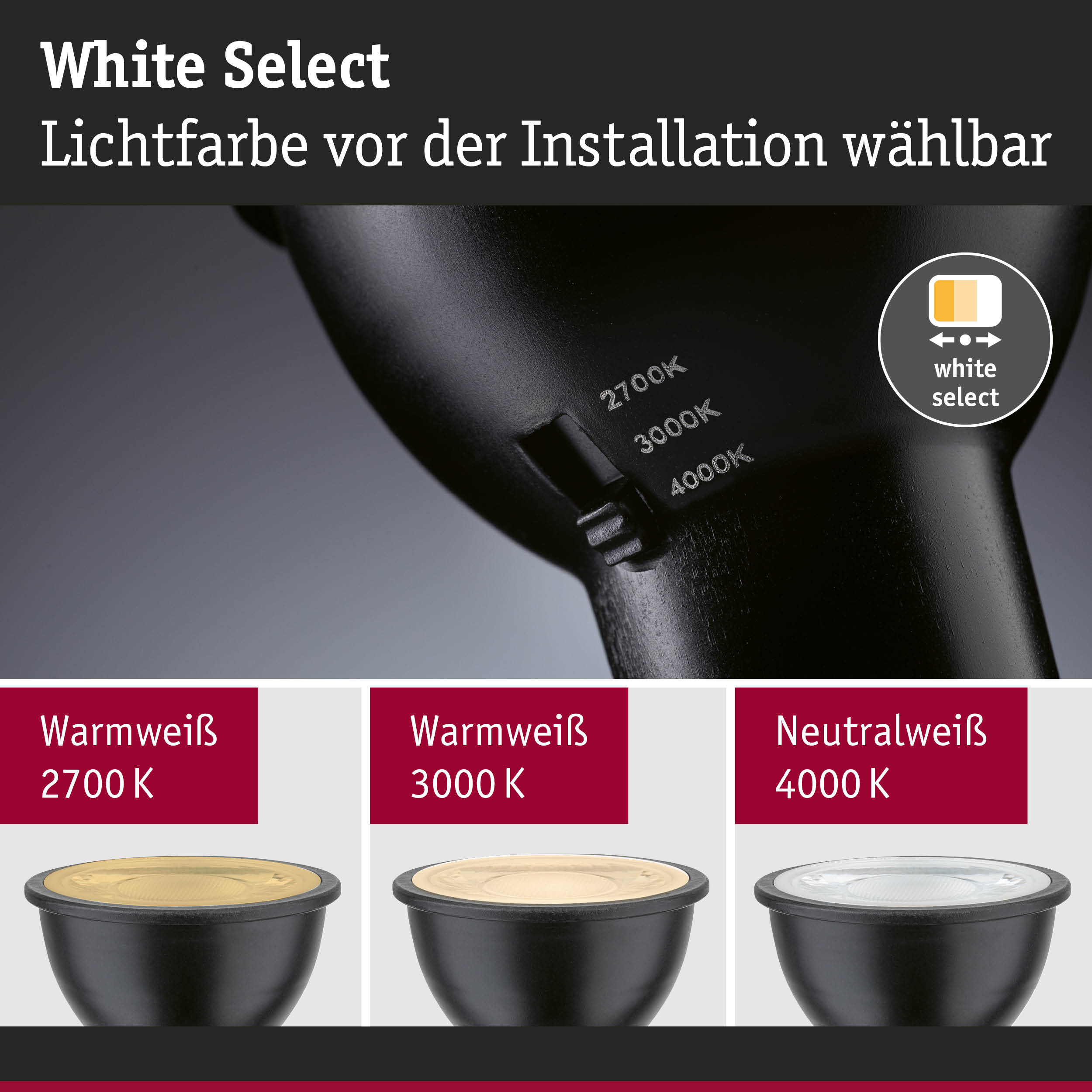 Schwarze LED-Lampe mit einstellbarer Lichtfarbe von 2700K bis 4000K für flexible Beleuchtung