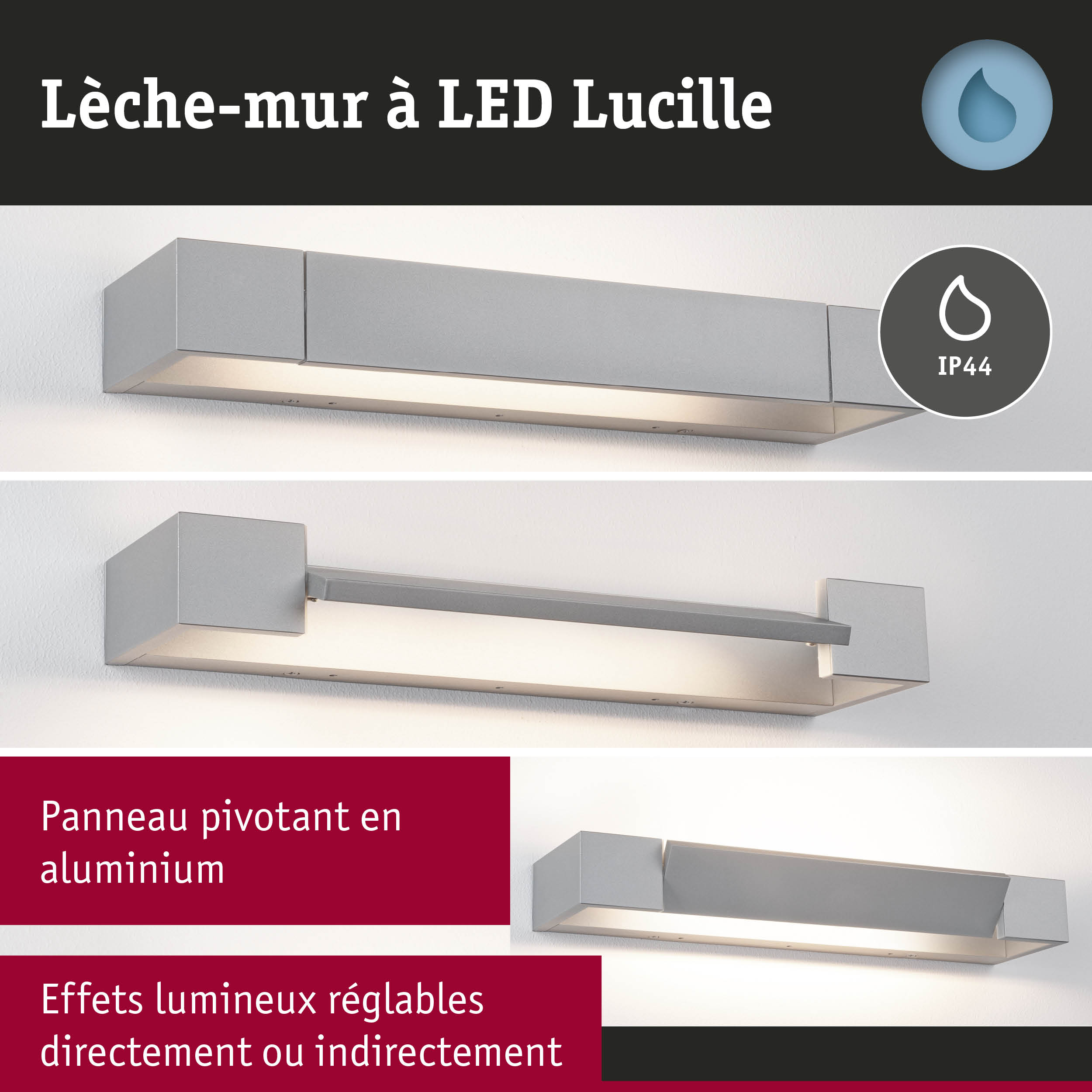Applique murale LED Lucille en aluminium gris avec indice de protection IP44 pour salle de bain