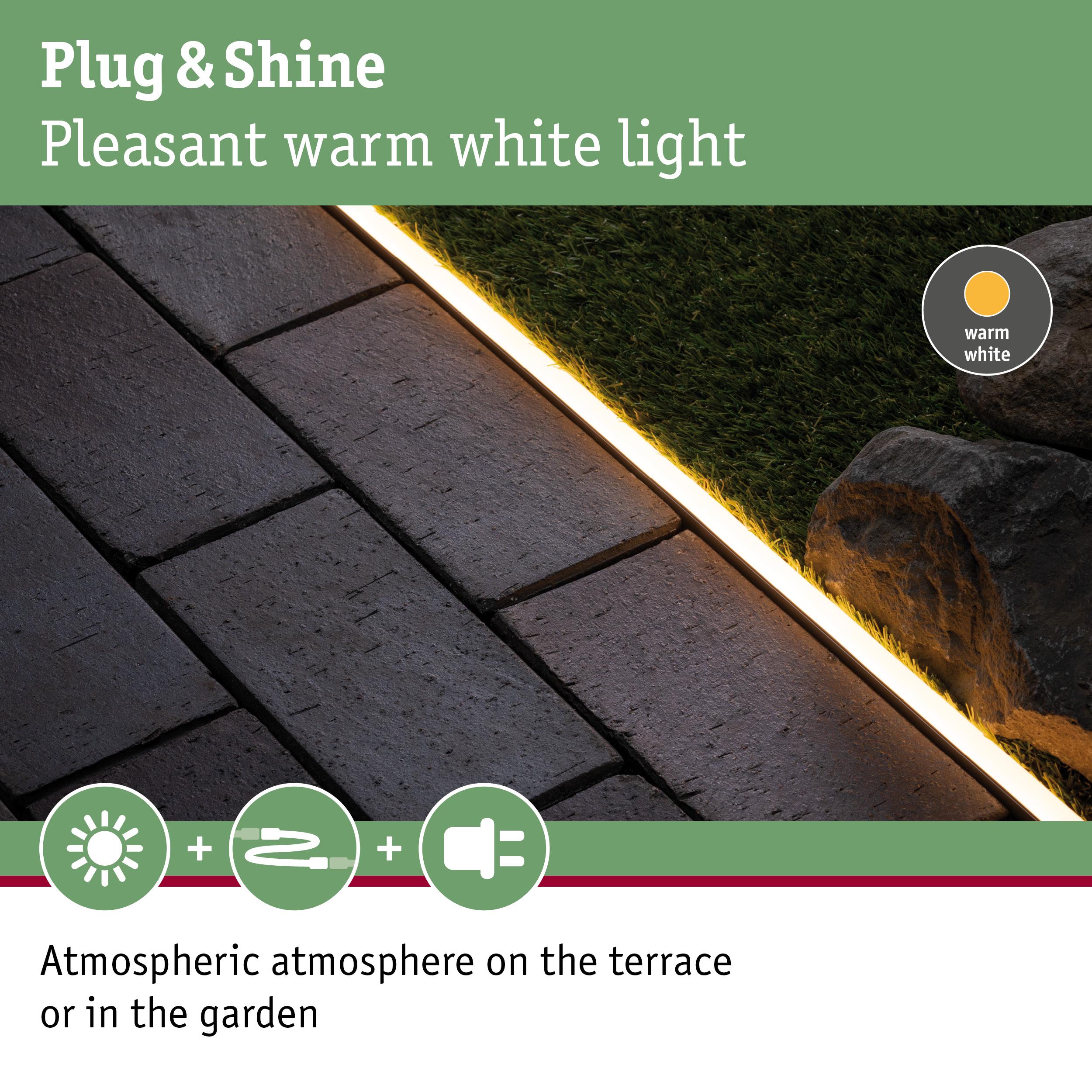 Warm white LED strip light along terrace edge creating atmospheric garden and outdoor lighting