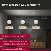 Nova white recessed LED downlights with gold frame, energy-saving ceiling lights with 230V direct connection