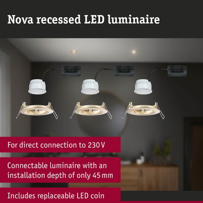 Nova white LED recessed luminaire with gold frame, direct 230V connection, 45 mm installation depth