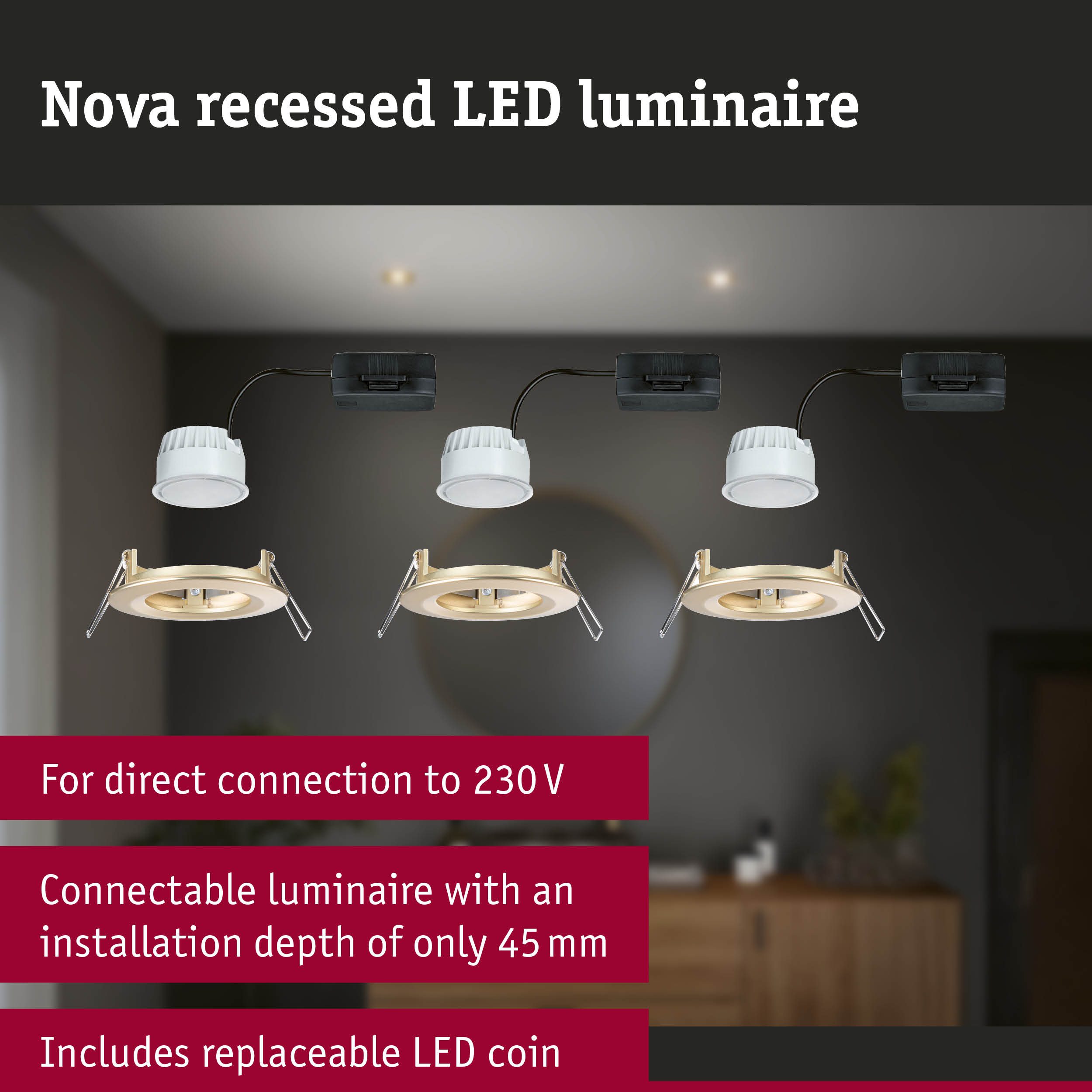 Nova white recessed LED downlights with gold frame, energy-saving ceiling lights with 230V direct connection